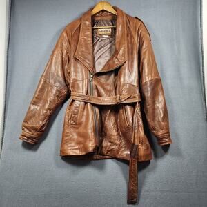 Vintage Men Distressed Leather Coat Sz 38 GREENWICH Brown 70s Zip Up Belt Jacket